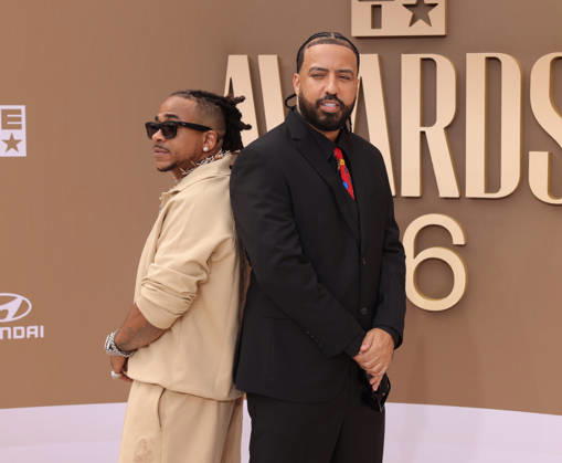 (L-R) Max B and French Montana arrive on the red carpet for 26th annual BET Awards live telecast at the Peacock Theater in Los Angeles on Sunday, June 28, 2026. The BET Awards honors Black entertainers and other people of color in music, film, sports and philanthropy.  LAP20260628398 GREGxGRUDT