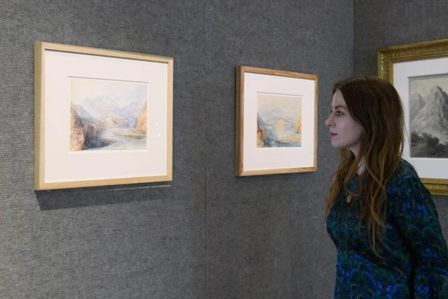 Bonhams Classics Week Sales at Bonhams, London, UK - 29 June 2026 A staff member views (L) - Schloss Rhäzüns, Distant View, the Domleschg Valley, Switzerland by Joseph Mallord William Turner (est. £350k - £500k) and (R) - Schloss Rhäzüns, Near View, Switzerland by Joseph Mallord William Turner (est. £300k - £500k) which is part of Bonhams Classics Week Sales on 30th June - 2nd July at Bonhams, London, England, UK on Monday 29 June, 2026., Credit:Justin Ng Avalon UK, England, London, Bonhams Copyright: xJustinxNgx xAvalonx 1113334548