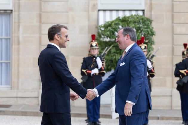 Grand Duke Guillaume and Grand Duchess Stephanie of Luxembourg received at Elysee French President Emmanuel Macron with sunglasses received Grand Duke Guillaume of Luxembourg as arriving before a meeting at Elysee Palace, Paris France on July 1 2026. Photo by Raphael Lafargue ABACAPRESS.COM Paris France  Copyright: xLafarguexRaphael ABACAx