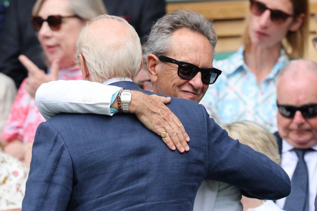 . 01 07 2026. London, United Kingdom. Richard E Grant and Charles Dance hug on third day of the Wimbledon Tennis Championships in London.  xStephenxLockx xi-Imagesx IIM-26874-0029