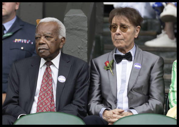 . 01 07 2026. London, United Kingdom. Sir Trevor McDonald and Sir Cliff Richard on Centre Court on day three of the Wimbledon Tennis Championships in London.  xStephenxLockx xi-Imagesx IIM-26874-0044