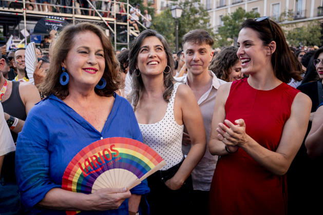MADO 2026 Opening Speech I D Carla Antonelli, a Más Madrid representative in the Madrid Assembly; Manuela Bergerot, the Más Madrid spokesperson in the Assembly; and Rita Maestre, the Más Madrid spokesperson in the City Council, Rita Maestre, during the opening proclamation for Madrid Pride 2026 (MADO 2026) in Pedro Zerolo Square on July 1, 2026, in Madrid, Spain. The official opening will once again be led by La Plexy, a familiar face on Madrid’s nightlife scene. Alongside the master of ceremonies, the LGBTI film festival opening address will be hosted by Cayetana Guillén Cuervo, while Kany García will serve as the opening speaker for Latino Pride on July 1, 2026, in Madrid, Spain. Copyright: xA.xPÃ rezxMecax 7636954
