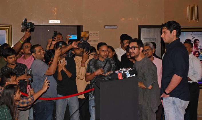 July 2, 2026, Mumbai, Maharashtra, India: Bollywood actor Aamir Khan (R) interacts with the media as actor Junaid Khan (extreme right) looks on at the screening of web series Pritam & Pedro in Mumbai. Mumbai India - ZUMAs197 20260702_aaa_s197_212 Copyright: xAshishxVaishnavx