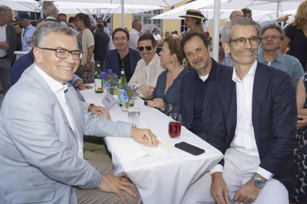Florian Herrmann, Martin Bachmann, Oliver Berben, Björn Wilhelm mit Gästen beim Empfang des FilmFernsehFonds Bayern auf dem 43. Filmfest München 2026 auf der Praterinsel. München, 02.07.2026