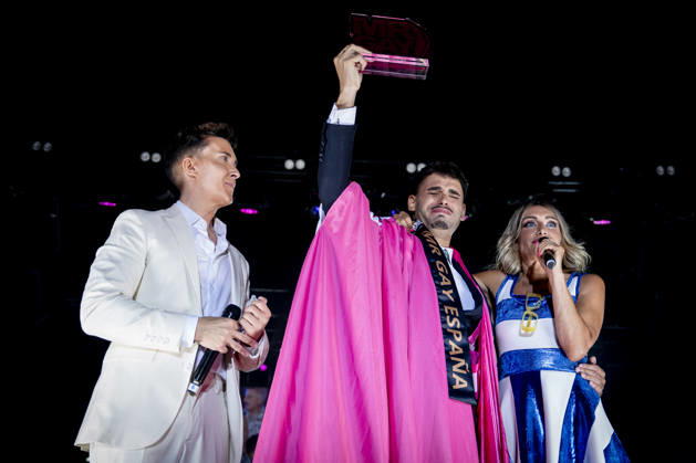 Celebration of the 19th Mr. Gay Spain Gala at MADO: Omar Suárez, Kevin Carrera, and Luján Argüelles during the pageant and musical show for the 19th Mr. Gay Spain Gala, on July 3, 2026, in Madrid, Spain. The event—one of the central and most popular highlights of the capital’s official LGBTIQ Pride festival program—takes place on the main stage in Plaza de Espana to select the new national representative, combining visibility for the community, the candidates’ stories of overcoming adversity, and live artistic performances. A Pé MADRID, Spain MADRID, Spain Spain Copyright: xA.xPÃ rezxMecax 7642732
