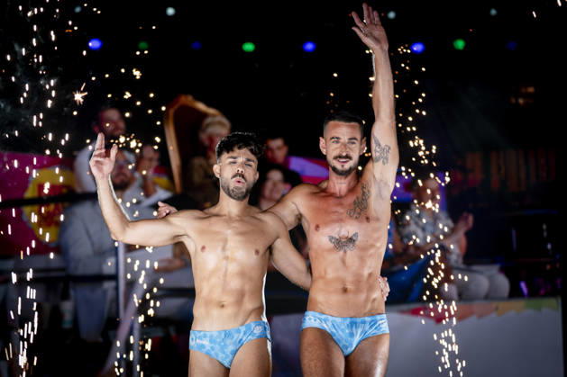 Celebration of the 19th Mr. Gay Spain Gala at MADO: Cristian Alegre and Víctor Manuel during the pageant and musical show for the 19th Mr. Gay Spain Gala, on July 3, 2026, in Madrid, Spain. The event, one of the central and most popular highlights of the capital’s official LGBTIQ Pride festival program, takes place on the main stage in Plaza de Espana to select the new national representative, combining the visibility of the community, the candidates’ stories of overcoming adversity, and live artistic performances. A Pé MADRID Spain MADRID Spain Spain  Copyright: xA.xPÃ rezxMecax 7642744