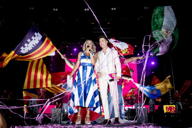 Celebration of the 19th Mr. Gay Spain Gala featuring MADO’s Luján Argüelles and Omar Suárez during the pageant and musical show of the 19th Mr. Gay Spain Gala, on July 3, 2026, in Madrid, Spain. The event—one of the central and most popular highlights of the capital’s official LGBTIQ Pride festival program—takes place on the main stage in Plaza de Espana to select the new national representative, combining visibility for the community, the candidates’ stories of overcoming adversity, and live artistic performances. A Pé MADRID, Spain MADRID, Spain Spain  Copyright: xA.xPÃ rezxMecax 7642769