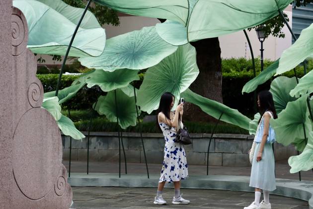 HANGZHOU, CHINA - JULY 04: Tourists take photos of giant lotus leaf art installations during a lotus market at the Confucius Temple on July 4, 2026 in Hangzhou, Zhejiang Province of China.  Copyright: xChinaxNewsxServicex 111652187673
