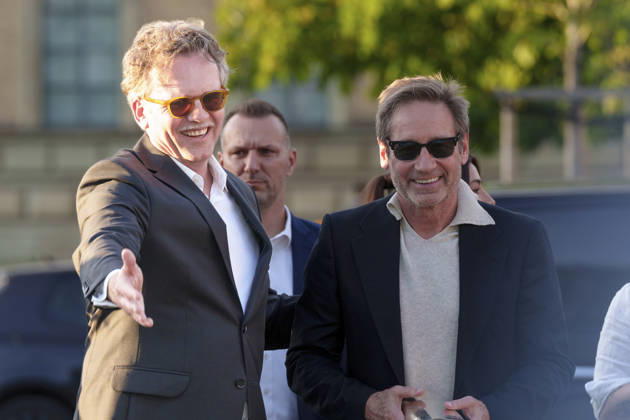 Christoph Gröner und David Duchovny beim Photocall zur Verleihung des CineMerit Awards auf dem 43. Filmfest München 2026 in der Hochschule für Fernsehen und Film. München, 04.07.2026