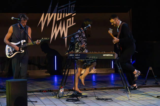 05.07.2026, Bellinzona, Parco Urbano, Nevermind Music Fest 2026: Monte Mai. Fabio Pinto (lead guitar & backing vocals), AnaÃ¯s Schmid (lead vocals & synths) and Fabio Besomi (bass & electronics) Bellinzona Parco Urbano Ticino Switzerland Copyright: xJustPictures.ch FrancescoxMinghettix jp-en-FrMi-_NG_0373