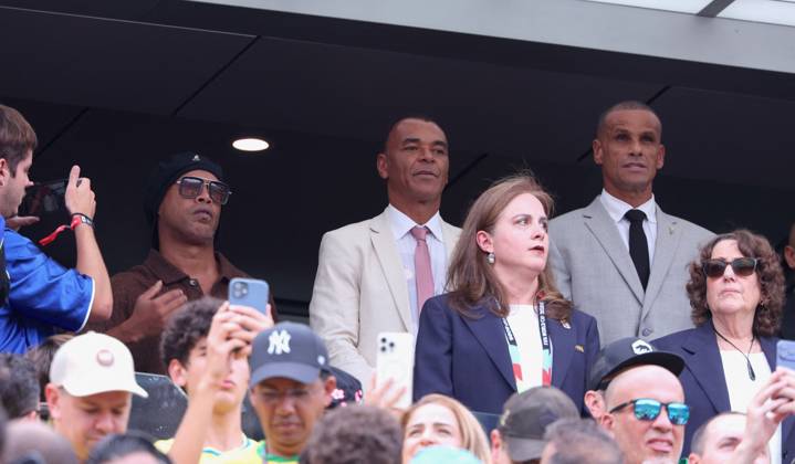 2026 World Cup - Ronaldinho, Cafu and Rivaldo Ronaldinho, Cafu and Rivaldo attend the match Brazil vs Norway FIFA World Cup 2026 at the New York New Jersey Stadium, NJ on July 5, 2026. Photo by Charles Guerin ABACAPRESS.COM East Rutherford NJ unknown  Copyright: xGuerinxCharles ABACAx