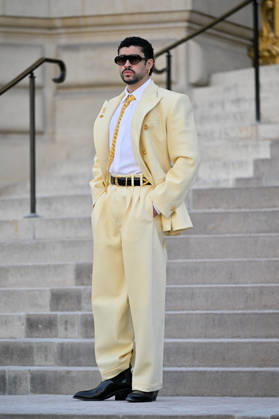 PFW Haute Couture Schiaparelli Outside Arrivals JR Bad Bunny arriving at the Schiaparelli show during Haute Couture Fashion Week in Paris, France, on 6 July 2026. Photo by Julien Reynaud APS-Medias ABACAPRESS.COM Paris France  Copyright: xReynaudxJulien APS-Medias ABACAx