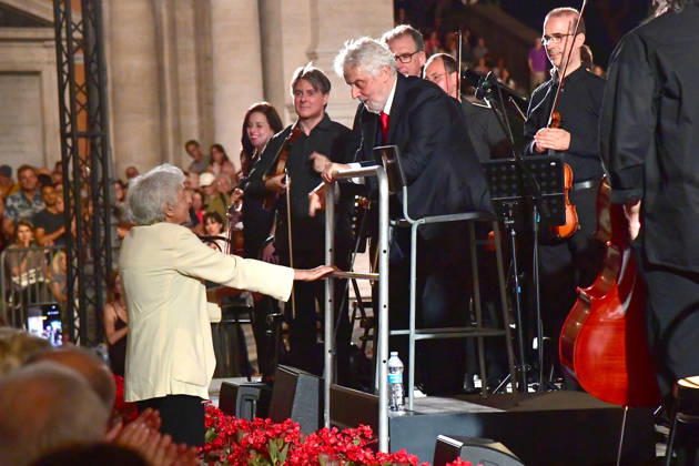 IPA86455825 - Rome, Piazza del Campidoglio: Nicola Piovani’s Tribute Concert to Ennio Morricone. Pictured: Maria Travia and Nicola Piovani  Copyright: xVincenzoxLandix xVincenzoxLandix 86455825