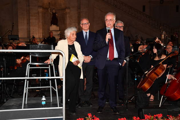 IPA86455782 - Rome, Piazza del Campidoglio: Nicola Piovani’s Tribute Concert to Ennio Morricone. Pictured: Maria Travia, Federico Mollicone, Walter Veltroni, Roberto Gualtieri  Copyright: xVincenzoxLandix xVincenzoxLandix 86455782