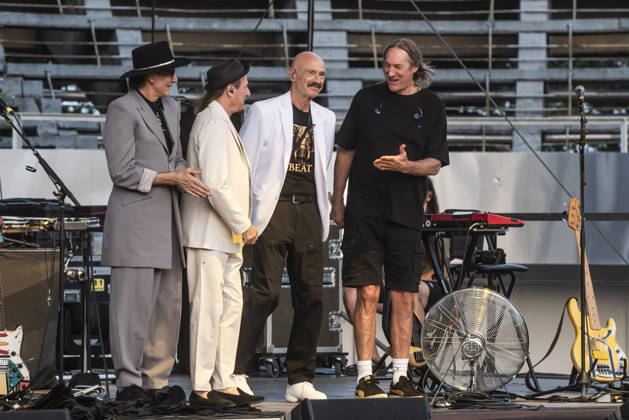 Croatia, Zagreb, 070726. Concert of the supergroup BEAT at the Salata stadium in Zagreb. The BEAT project brings together legendary musicians who perform King Crimson albums from the 80s. The line-up consists of former King Crimson members Adrian Belew and Tony Levin, joined by guitarist Steve Vai and drummer Danny Carey. In the photo: Steve Vai, Adrian Belew, Tony Levin and Danny Carey. Photo: Darko Tomas CROPIX Copyright: xxDarkoxTomasx beat29-070726