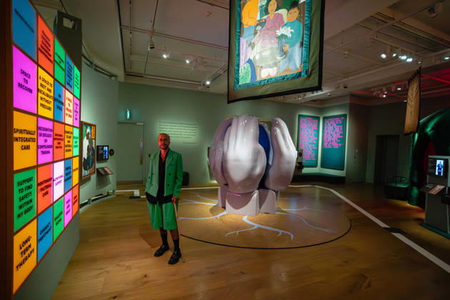 Rudy Loewe: Intimacies of Care at Wellcome Collection, London, UK 8 July 2026 Artist Rudy Loewe poses with their work at the preview of Rudy Loewe: Intimacies of Care Spaces of Grief and Possibility at the Wellcome Collection, London, UK, on 8 July 2026. The exhibition of new commissions advocates for Black people whose experience of mental health care in the UK is adversely impacted by racist discrimination, and reimagines a more equitable and supportive mental health care system, on view from 10 July 2026 until 7 February 2027., Credit:Pete Speller Avalon Copyright: xPetexSpellerx xAvalonx 1115223099