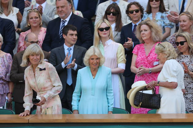 . 08 07 2026. London, United Kingdom. Queen Camilla, Peter Phillips and Harriet Sperling in the Royal Box on day ten of the Wimbledon Tennis Championships in London. xStephenxLockx xi-Imagesx IIM-26894-0028