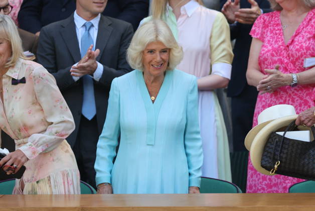 . 08 07 2026. London, United Kingdom. Queen Camilla, Peter Phillips and Harriet Sperling in the Royal Box on day ten of the Wimbledon Tennis Championships in London. xStephenxLockx xi-Imagesx IIM-26894-0031