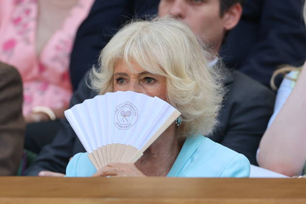 . 08 07 2026. London, United Kingdom. Queen Camilla, Peter Phillips and Harriet Sperling in the Royal Box on day ten of the Wimbledon Tennis Championships in London. xStephenxLockx xi-Imagesx IIM-26894-0043