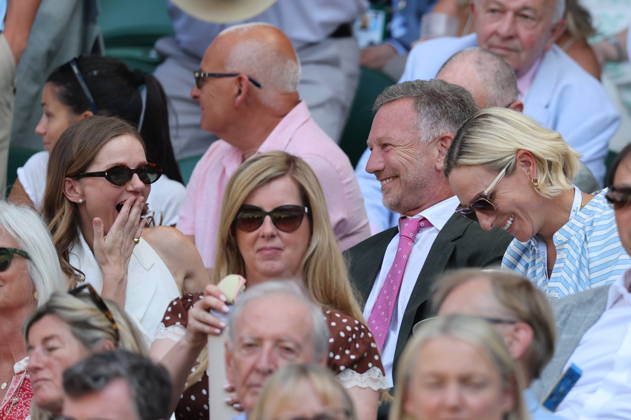 . 08 07 2026. London, United Kingdom. Queen Camilla, Peter Phillips and Harriet Sperling in the Royal Box and Geri Halliwell laughing with Zara Tindall on day ten of the Wimbledon Tennis Championships in London. xStephenxLockx xi-Imagesx IIM-26894-0051