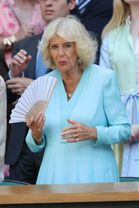 . 08 07 2026. London, United Kingdom. Queen Camilla, Peter Phillips and Harriet Sperling and Elle Fanning in the Royal Box on day ten of the Wimbledon Tennis Championships in London. xStephenxLockx xi-Imagesx IIM-26894-0061