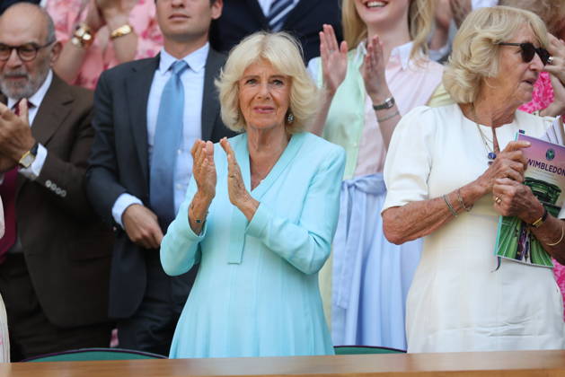 . 08 07 2026. London, United Kingdom. Queen Camilla, Peter Phillips and Harriet Sperling and Elle Fanning in the Royal Box on day ten of the Wimbledon Tennis Championships in London. xStephenxLockx xi-Imagesx IIM-26894-0062