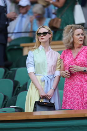 . 08 07 2026. London, United Kingdom. Queen Camilla, Peter Phillips and Harriet Sperling and Elle Fanning in the Royal Box on day ten of the Wimbledon Tennis Championships in London. xStephenxLockx xi-Imagesx IIM-26894-0073