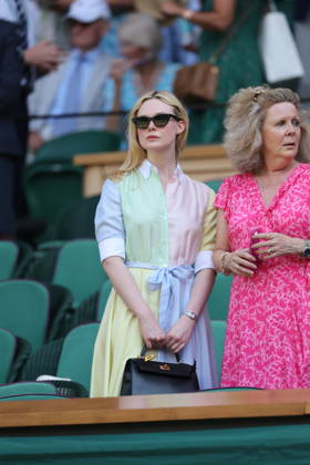 . 08 07 2026. London, United Kingdom. Queen Camilla, Peter Phillips and Harriet Sperling and Elle Fanning in the Royal Box on day ten of the Wimbledon Tennis Championships in London. xStephenxLockx xi-Imagesx IIM-26894-0074