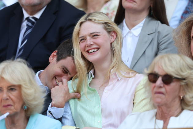 . 08 07 2026. London, United Kingdom. Queen Camilla, Peter Phillips and Harriet Sperling and Elle Fanning in the Royal Box on day ten of the Wimbledon Tennis Championships in London. xStephenxLockx xi-Imagesx IIM-26894-0076