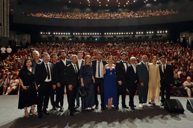 The 60th Karlovy Vary International Film Festival continued on its sixth day, in Karlovy Vary, Czech Republic, on July 8, 2026. A delegation of filmmakers presented the German film Hijamat in the Grand Hall of the Thermal Hotel. Director Nader Saeivar stands the fourth from right. (CTKxPhoto SlavomirxKubes) CTKPhotoP2026070809014  CTKPhotoP2026070809014