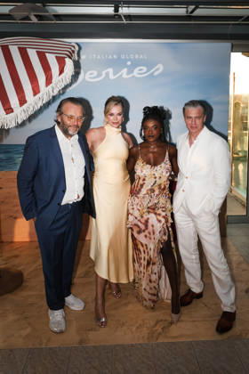 IPA86521466 - Riccione: The photocall for the fourth season of the Paramount series Star Trek: Strange New Worlds during the Italian Global Series (IGS) Festival 2026. Pictured: Marco Spagnoli (artistic director of IGS), Anson Mount (American actor), Rebecca Romijn (American actress), Celia Rose Gooding (American actress)  Copyright: xAlessandroxBremecx xx 86521466