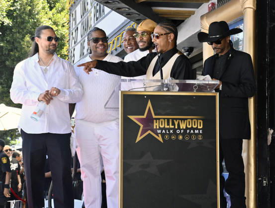 Bizzy Bone, Wish Bone, Flesh-n-Bone, Layzie Bone, and Krayzie Bone (L-R) of the Hip-Hop group Bone Thugs-N-Harmony make comments during a ceremony honoring them with the 2,851st star on the Hollywood Walk of Fame in Los Angeles on Wednesday, July 8, 2026.  LAP2026070816 JIMxRUYMEN