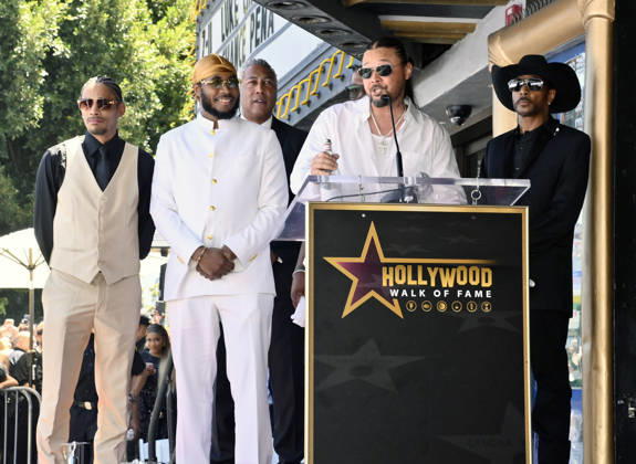 Layzie Bone, Flesh-n-Bone, Bizzy Bone and Krayzie Bone (L-R) of the Hip-Hop group Bone Thugs-N-Harmony make comments during a ceremony honoring them with the 2,851st star on the Hollywood Walk of Fame in Los Angeles on Wednesday, July 8, 2026.  LAP2026070815 JIMxRUYMEN