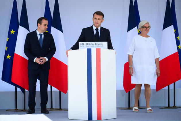 Sébastien Lecornu, Prime Minister; Emmanuel Macron, President of the French Republic; Catherine Vautrin, Minister of the Armed Forces and Veterans Affairs; Alice Rufo, Minister Delegate to the Minister of the Armed Forces and Veterans Affairs Speech by the President of the French Republic, Emmanuel Macron, at the reception in honor of the troops scheduled to march in the Bastille Day parade on July 14, 2026, at the Hôtel de Brienne, July 13, 2026 Eric Tschaen Pool Bestimage Speech by the President of the French Republic, Emmanuel Macron, at the reception honoring the troops scheduled to march in the Bastille Day parade on July 14, 2026, held at the Hôtel de Brienne on July 13, 2026, Paris, France Copyright: xEricxTschaenx xPoolx xBestimagexEricxTschaenx xPoolx xBestimagex