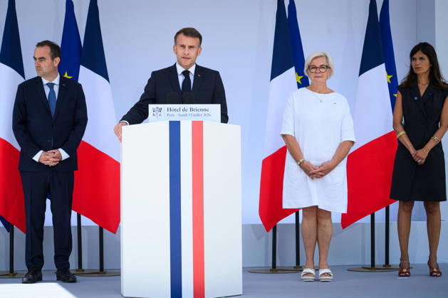 Sébastien Lecornu, Prime Minister; Emmanuel Macron, President of the French Republic; Catherine Vautrin, Minister of the Armed Forces and Veterans Affairs; Alice Rufo, Minister Delegate to the Minister of the Armed Forces and Veterans Affairs Speech by the President of the French Republic, Emmanuel Macron, at the reception in honor of the troops scheduled to march in the Bastille Day parade on July 14, 2026, at the Hôtel de Brienne, July 13, 2026 Eric Tschaen Pool Bestimage Speech by the President of the French Republic, Emmanuel Macron, at the reception honoring the troops scheduled to march in the Bastille Day parade on July 14, 2026, held at the Hôtel de Brienne on July 13, 2026, Paris, France Copyright: xEricxTschaenx xPoolx xBestimagexEricxTschaenx xPoolx xBestimagex