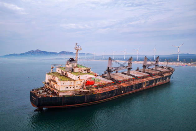 WEIHAI, CHINA - JULY 19: A view of the stranded Blueways ship against the sunset glow on July 19, 2026 in Weihai, Shandong Province of China. The vessel was stranded off the coast of Weihai and has become a popular spot for visitors.  Copyright: xVCGx 111655336159