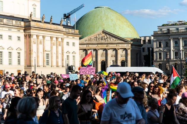 August 2, 2026, Berlin, Germany: BERLIN, Germany Ã¢â‚¬ August 2, 2026: Thousands of people gather at Neptunebrunnen under the slogan Ã¢â‚¬oeFrom Grief to Anger to ResistanceÃ¢â‚¬Â to condemn the recent attack at Berlin Pride. The peaceful march continued to the Brandenburg Gate with participants carrying banners, posters, and drums. Police arrested one suspect near the demonstration who was carrying a German flag and fireworks. Berlin Germany - ZUMAq101 20260802_zna_q101_171 Copyright: xAndro SxTrujillox