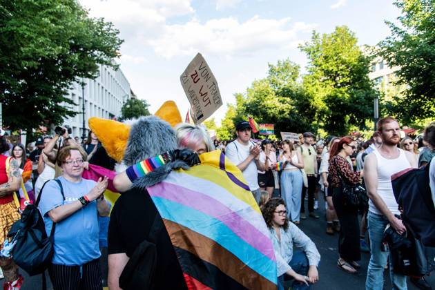 August 2, 2026, Berlin, Germany: BERLIN, Germany Ã¢â‚¬ August 2, 2026: Thousands of people gather at Neptunebrunnen under the slogan Ã¢â‚¬oeFrom Grief to Anger to ResistanceÃ¢â‚¬Â to condemn the recent attack at Berlin Pride. The peaceful march continued to the Brandenburg Gate with participants carrying banners, posters, and drums. Police arrested one suspect near the demonstration who was carrying a German flag and fireworks. Berlin Germany - ZUMAq101 20260802_zna_q101_175 Copyright: xAndro SxTrujillox