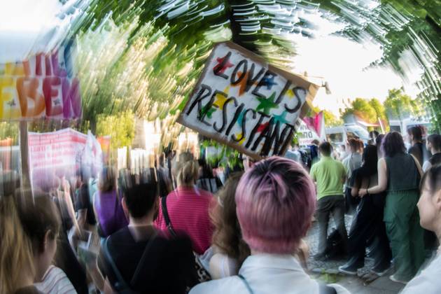 August 2, 2026, Berlin, Germany: BERLIN, Germany Ã¢â‚¬ August 2, 2026: Thousands of people gather at Neptunebrunnen under the slogan Ã¢â‚¬oeFrom Grief to Anger to ResistanceÃ¢â‚¬Â to condemn the recent attack at Berlin Pride. The peaceful march continued to the Brandenburg Gate with participants carrying banners, posters, and drums. Police arrested one suspect near the demonstration who was carrying a German flag and fireworks. Berlin Germany - ZUMAq101 20260802_zna_q101_177 Copyright: xAndro SxTrujillox