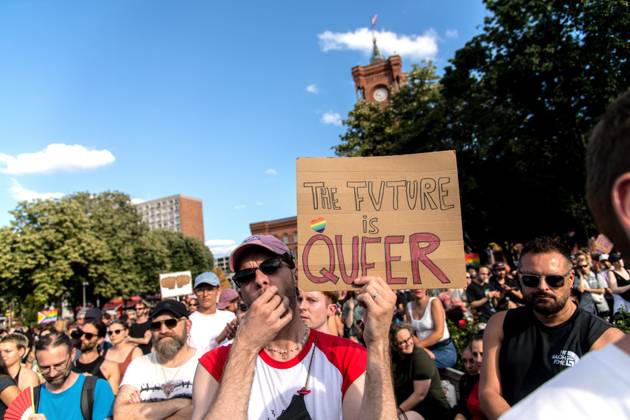August 2, 2026, Berlin, Germany: BERLIN, Germany Ã¢â‚¬ August 2, 2026: Thousands of people gather at Neptunebrunnen under the slogan Ã¢â‚¬oeFrom Grief to Anger to ResistanceÃ¢â‚¬Â to condemn the recent attack at Berlin Pride. The peaceful march continued to the Brandenburg Gate with participants carrying banners, posters, and drums. Police arrested one suspect near the demonstration who was carrying a German flag and fireworks. Berlin Germany - ZUMAq101 20260802_zna_q101_184 Copyright: xAndro SxTrujillox