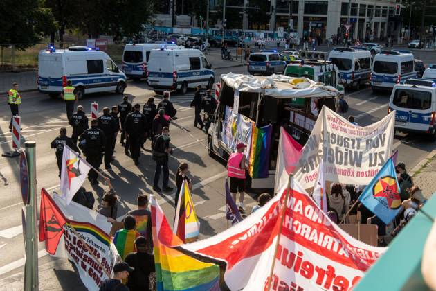 August 2, 2026, Berlin, Germany: BERLIN, Germany Ã¢â‚¬ August 2, 2026: Thousands of people gather at Neptunebrunnen under the slogan Ã¢â‚¬oeFrom Grief to Anger to ResistanceÃ¢â‚¬Â to condemn the recent attack at Berlin Pride. The peaceful march continued to the Brandenburg Gate with participants carrying banners, posters, and drums. Police arrested one suspect near the demonstration who was carrying a German flag and fireworks. Berlin Germany - ZUMAq101 20260802_zna_q101_189 Copyright: xAndro SxTrujillox