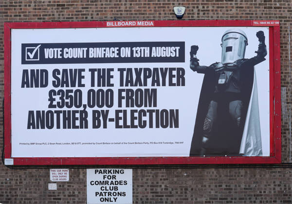 August 8, 2026, Clacton-On-Sea, Essex, UK: Clacton-On-Sea, UK. UK. A large Count Binface advertising billboard is displayed on the side of a building, in Clacton-On-Sea, Essex. Count Binface is a candidate in the upcoming by-election. Nigel Farage has resigned his seat and is now campaigning to be re-elected in the Clacton constituency at the upcoming by-election on the 13th August. Clacton-On-Sea UK  - ZUMAl94_ 20260808_zaf_l94_012 Copyright: xJacquelinexLawriex
