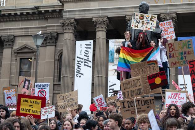 August 13, 2026, Melbourne, Victoria, Australia: MELBOURNE, VICTORIA, AUSTRALIA Ã¢â‚¬ AUGUST 13, 2026: High school and university students leave classes to take part in a protest in Melbourne opposing Australian senator Pauline Hanson and her political views. Demonstrators march through the city carrying banners and chanting slogans during the student-led rally. Melbourne Australia - ZUMAq101 20260813_zna_q101_059 Copyright: xGwendolynxDillonx