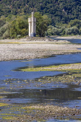 Rhein-Nahe-Eck Bingen mit der Sehenswürdigkeit Mäuseturm. Extremes Niedrigwasser schränkt die Rheinschifffahrt drastisch ein. 12.08.2026, Bingen, Rheinland-Pfalz, Deutschland