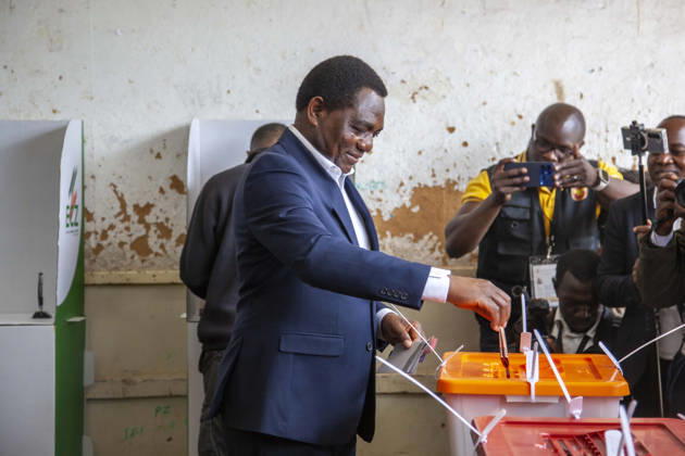 (260813) -- LUSAKA, Aug. 13, 2026 -- Incumbent Zambian President Hakainde Hichilema casts his vote at a polling station in Lusaka, Zambia, on Aug. 13, 2026. Zambian voters turned out in large numbers on Thursday to cast their ballots in the general elections amid a largely peaceful atmosphere. (Photo by Xinhua) ZAMBIA-LUSAKA-ELECTION-VOTE MartinxMbangweta 