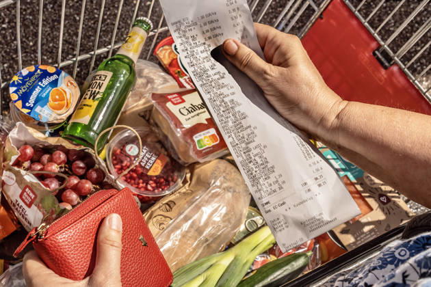 Lebensmittel einkaufen im Supermarkt, voller Einkaufswagen, Kundin kontrolliert den Kassenbon, München, August 2026 Deutschland, München, August 2026, Lebensmittel einkaufen im Supermarkt, voller Einkaufswagen, Kundin kontrolliert den Kassenbon, der komplette Einkauf kostet fast 100 Euro (nicht alle gekauften Waren im Foto zu sehen), Symbolfoto Lebensmittelpreise, Inflation, Wirtschaft,