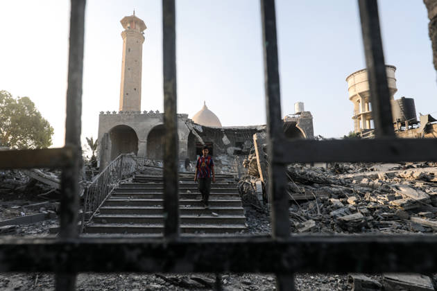 Abu Salim Mosque severely damaged in Israeli airstrike in Deir al-Balah DEIR AL-BALAH, GAZA, PALESTINE - AUGUST 25: General view of the severe destruction at the Abu Salim Mosque and surrounding neighborhood following an Israeli airstrike carried out despite the ceasefire in Deir al-Balah, in the central Gaza Strip, Palestine on August 25, 2026. The strike caused widespread collapse, reduced parts of the religious building to rubble, and damaged nearby residential structures and streets across the area. Moiz Salhi Anadolu Deir al-Balah Gaza. Editorial use only. Please get in touch for any other usage.  Copyright: x2026xAnadoluxMoizxSalhix