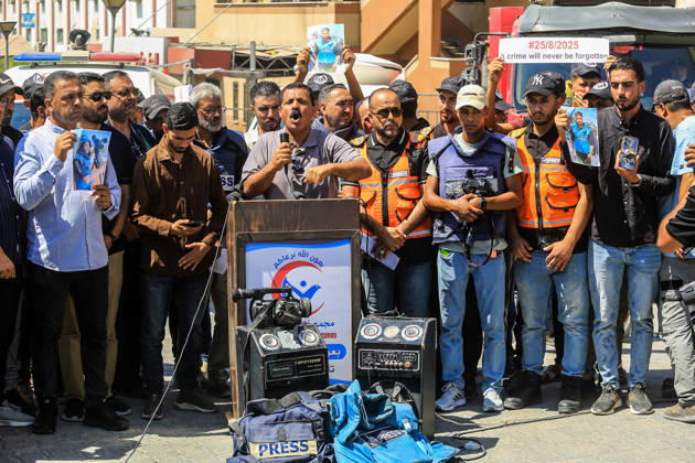 Palestinian journalists in Gaza remember five colleagues killed in Israeli attacks GAZA, PALESTINE - AUGUST 25: Palestinian journalists gather in the courtyard of Nasser Hospital in Khan Younis to commemorate five colleagues killed in Israeli attacks one year earlier, on August 25, 2026 in Khan Yunis, Gaza Palestine. Holding photographs of the slain journalists, participants called for an end to attacks against members of the press and for greater protection for media workers. Abed Rahim Khatib Anadolu Khan Yunis Gaza. Editorial use only. Please get in touch for any other usage.  Copyright: x2026xAnadoluxAbedxRahimxKhatibx