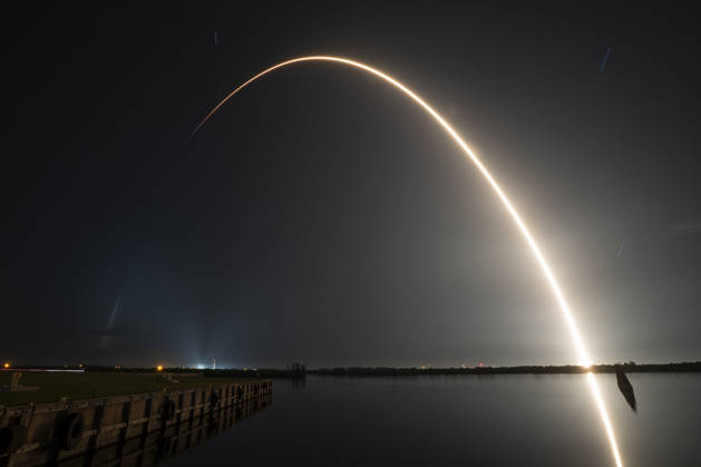 A time exposure of the SpaceX Falcon 9 rocket as it launches an additional 29 Starlink satellites on mission 10-49 at 5:33 AM from Launch Complex 40 at the Cape Canaveral Space Force Station, Florida on Tuesday August 25, 2026.  CCP20260825001 JOExMARINO