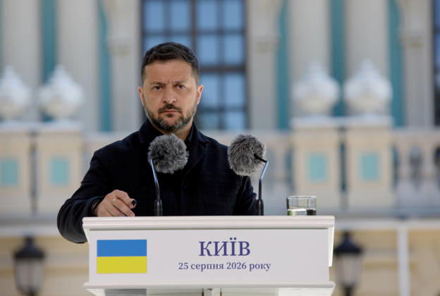 Ukrainian President Volodymyr Zelenskyy attends a joint news conference with Estonian President Alar Karis outside the Mariinskyi Palace following their meeting, Kyiv, Ukraine, August 25, 2026. The leaders discussed security threats, particularly those anticipated in winter, and security cooperation within the Drone Deal framework. As reported, the Estonian President is in Ukraine on his final visit in office. (Photo by Marianna Kotyk Ukrinform) Meeting of Ukrainian, Estonian Presidents in Kyiv  Copyright: xMariannaxKotykx